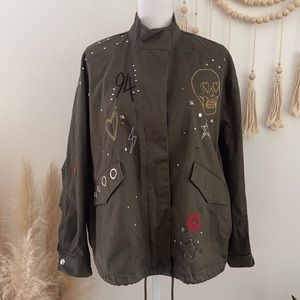 H&M embroidered army jacket green studded embellished parka fall grunge vibes 6